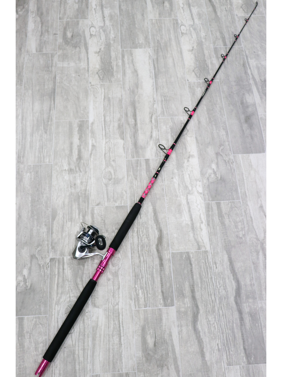 6'6″ Pink Fluke Slayer Spinning Rod w/ Shimano Saragosa 5000