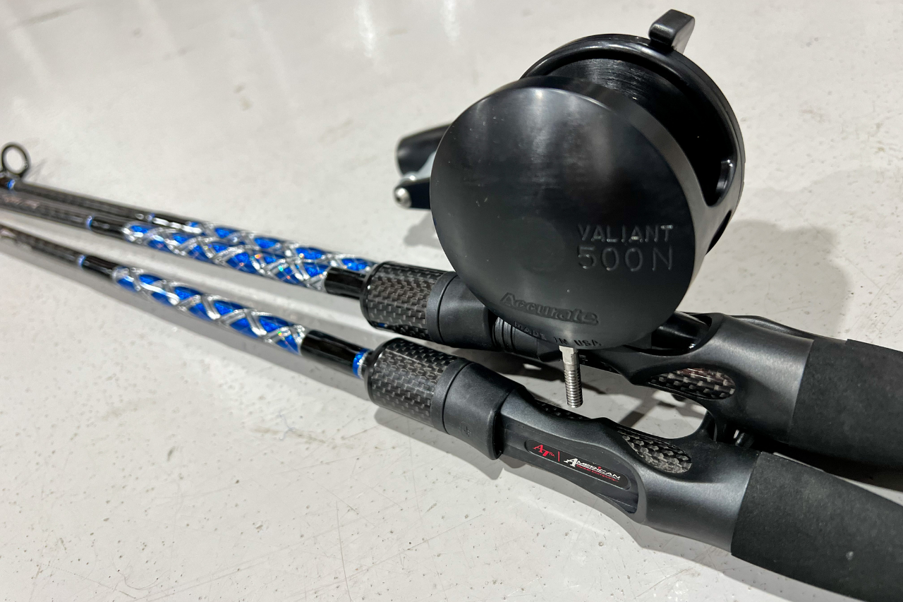 6'6″ Blue/Silver Carbon Fiber Slow Pitch Jigging Rod w/ Accurate Valiant  500N – Connley Fishing