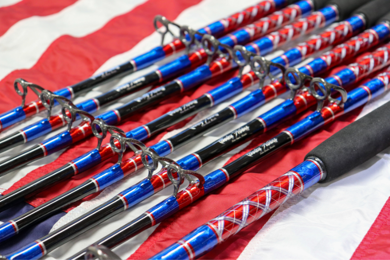 Custom Rod & Reel, Custom red, white, and blue rods featuring our iconic  lighthouse logo. American built since 1976🎣🇺🇸💯