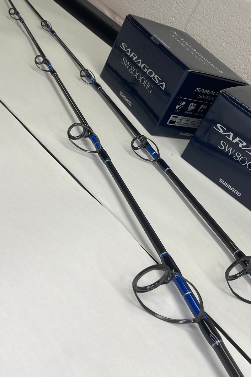 OVERSTOCK (2) Blue/Silver Diamond Series 7′ Graphite 15-30# Spinning Rod  with (2) Saragossa 8000 Combos – Connley Fishing