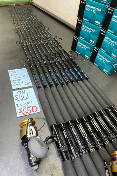 OVERSTOCK(2) 6'6" Blue/Gold Fluke Slayer Spin Rod with (2) Baitrunner 6000 Combos