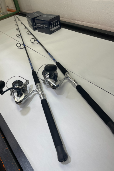 OVERSTOCK (2) Blue/Silver Diamond Series 7' Graphite 15-30# Spinning Rod with (2) Saragossa 8000 Combos