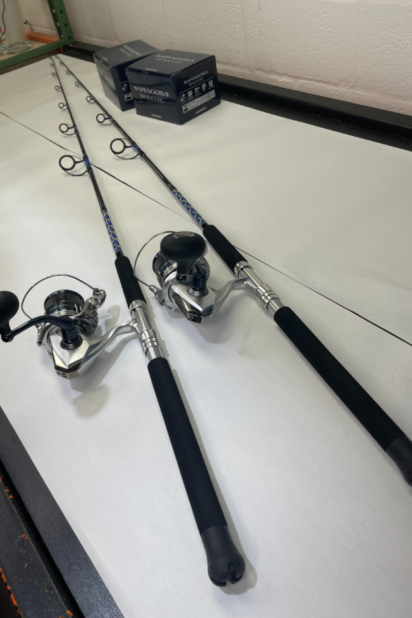 OVERSTOCK (2) Blue/Silver Diamond Series 7' Graphite 15-30# Spinning Rod with (2) Saragossa 8000 Combos