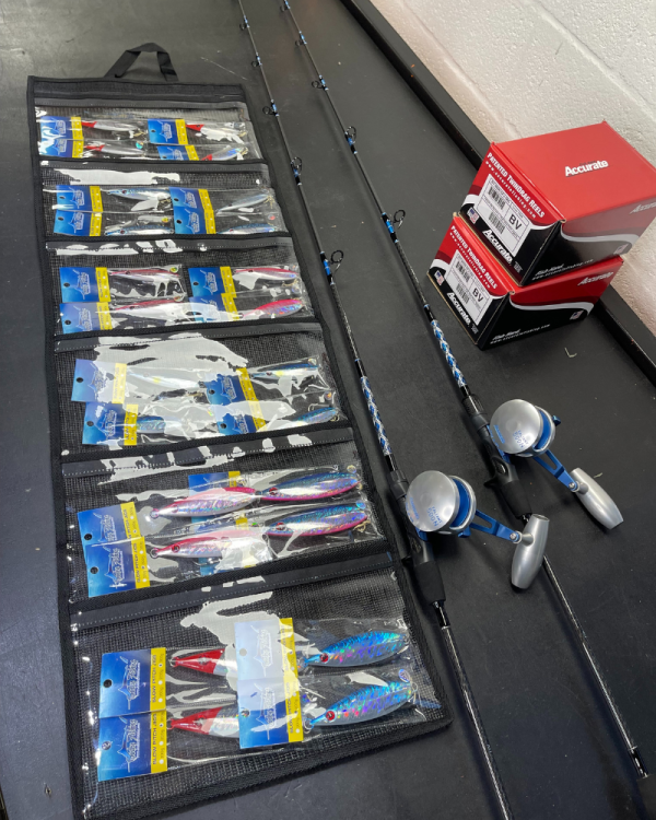 Slow Pitch Jigging Package (2 Rods, 2 500N Reels, 24 Pack Jigs)