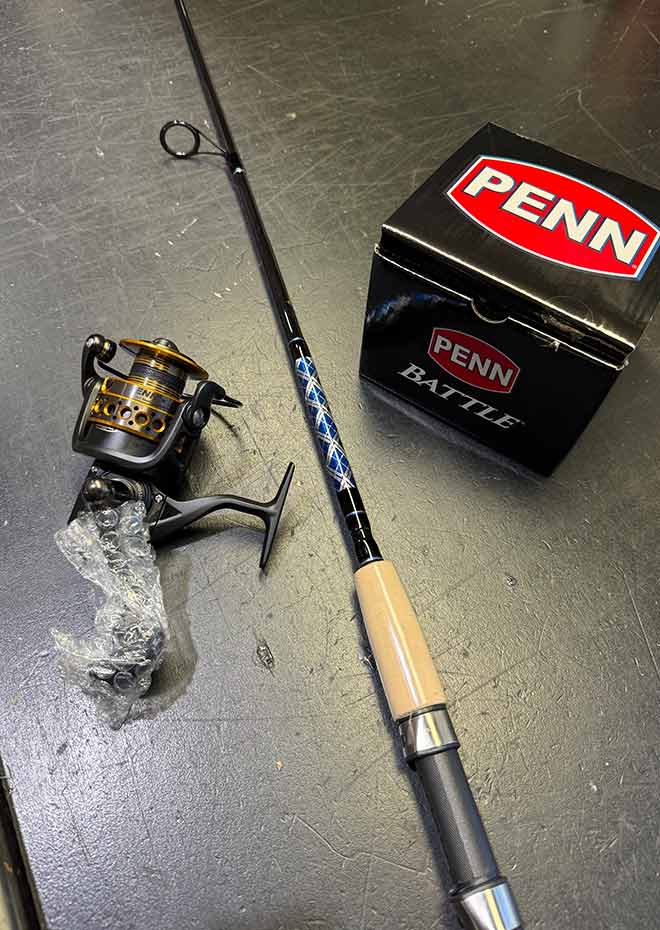 8 spinning combo using 40 pound test Blue & Silver Inshore 8–17 Spinning Combo – Penn Battle 4000